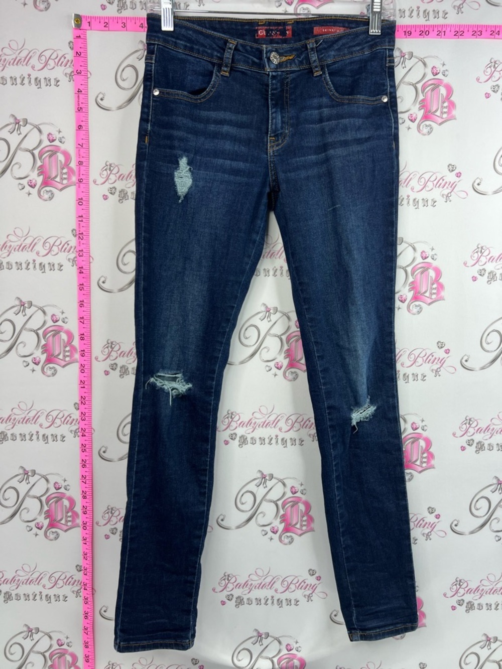 Guess pants rhinestone pocket Dark Blue Skinny Jeans with Distressed Knees